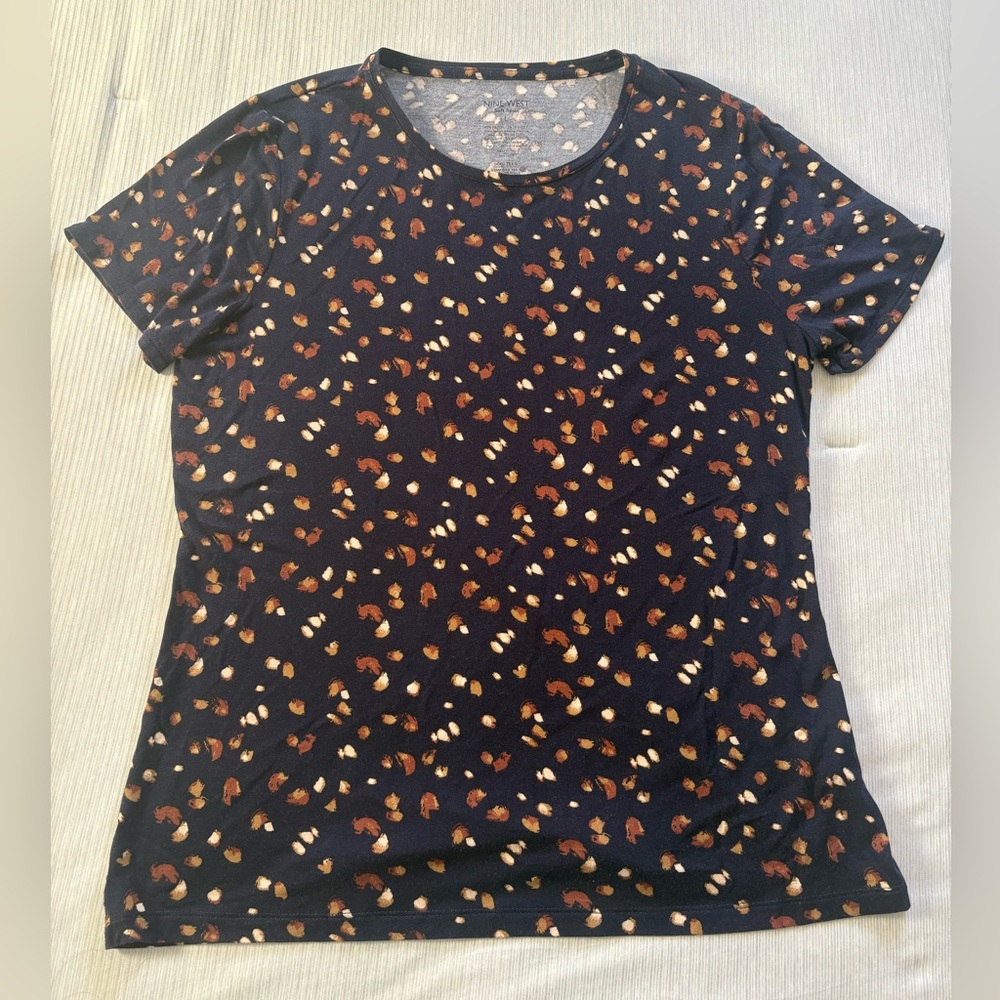 Nine West Dark Blue and Brown Patterned Short Sleeve Top